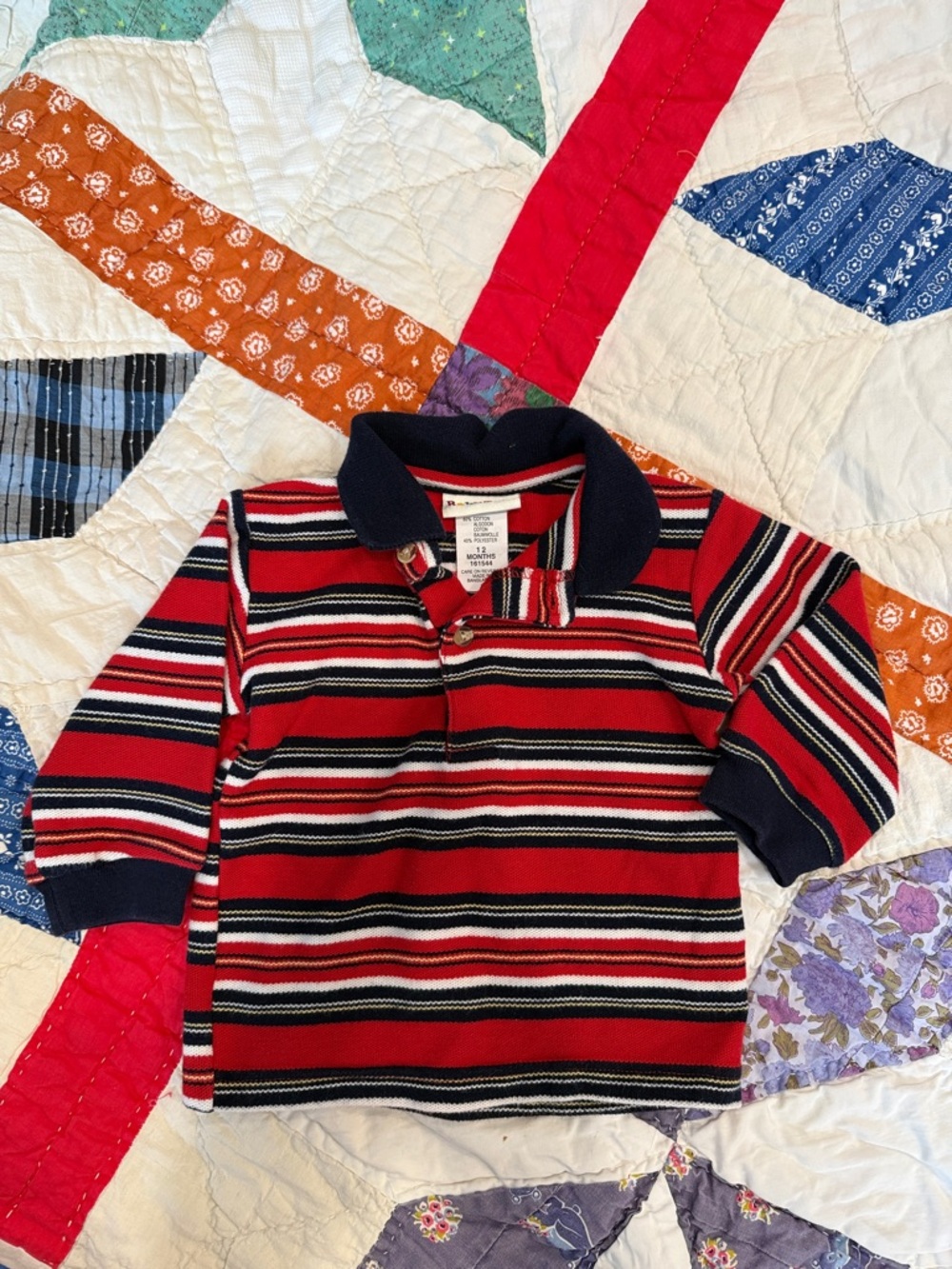 Vintage Toddler Striped Long-Sleeve Polo Shirt - Red & Navy